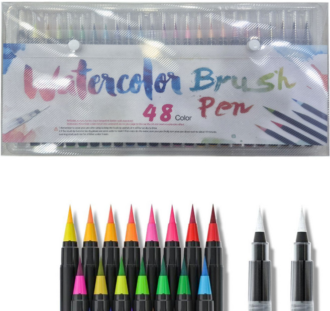 캘리 붓펜 캘리그라피 워터 컬러 브러쉬 붓펜 세트, 1팩, 48색상