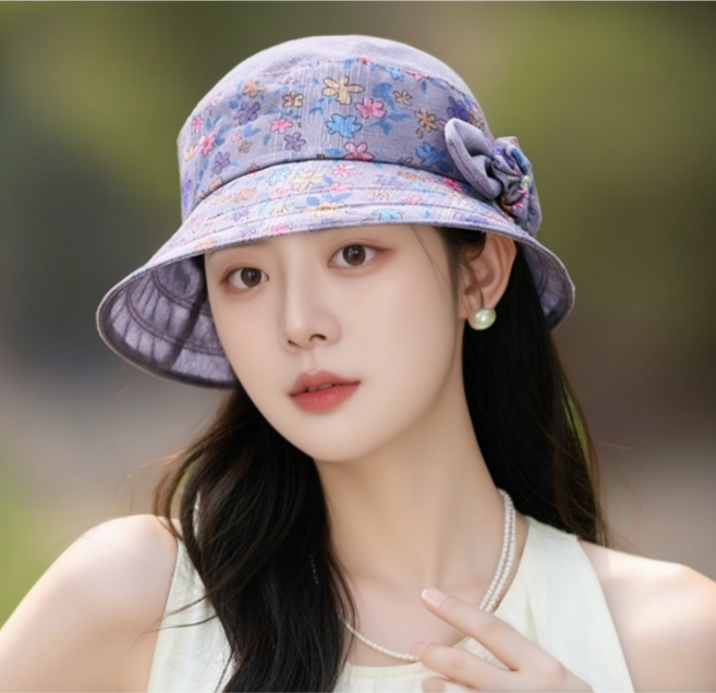 원픽 플라워 린네 버킷햇/ 햇빛 차단/ 여성용 넓은챙 모자 C54