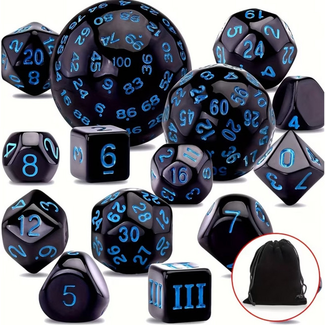 DnD 던전 드래곤용 15개 특이한 다면체 주사위 세트 롤플레잉 탁상게임 주사위와 끈 가방 다양한 색상, 1세트, 검정색 주사위와 파랑색 숫자