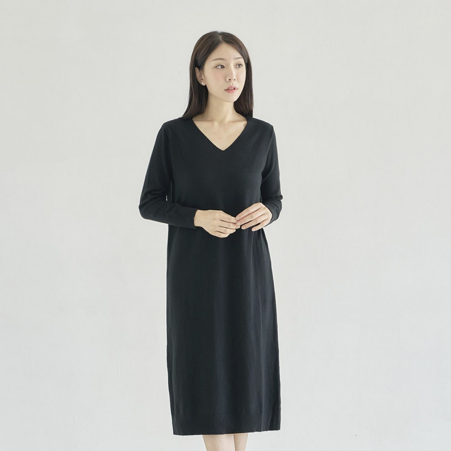 부드러운 여성 V넥 겨울 롱 니트 원피스 베이직 노카라 일자 [루스]