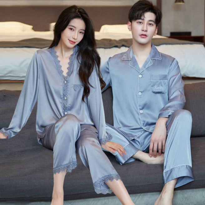 UNIQUEZON 프리미엄 커플 사계절 수면 실크 잠옷 남녀공용 파자마 세트 홈웨어 빅사이즈
