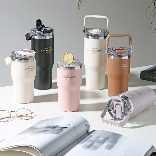 시타라유리 맥스쿡 보온보냉 사각핸들 더블 드링킹 텀블러, 핑크, 1개, 900ml
