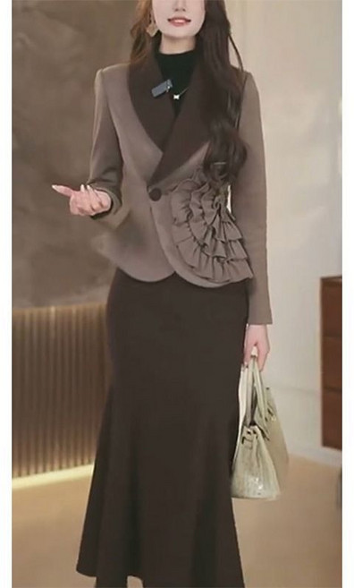 프렌치 여성 봄 가을 하이웨스트 정장 스커트 투피스 날씬핏 상의+ 머메이드 스커트 오피스룩 하객룩 세트 ZZQ