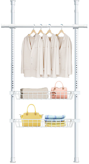 棒棒家居 38mm特粗管頂天立地衣架 (3豎4橫 附撐衣桿), 白色 (2豎1橫+網籃x2), 白色