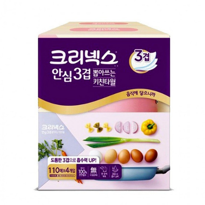 크리넥스 도톰한 3겹 뽑아쓰는 키친타올 110매x4개, 없음