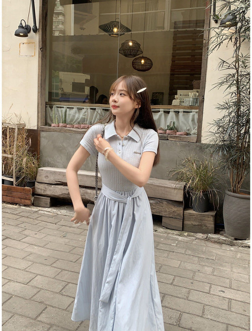 ANYOU 반팔 원피스 여름 여성 슬림핏 유니크 블루 A라인 롱원피스 패션 롱원피스 데일리룩 원피스