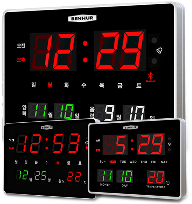 디지털벽시계 HB-108 시리즈 108g 108k 블루투스 요일 월 일 오전 오후 양력 음력 벽걸이 LED 알람 달력, 뉴HB-108G