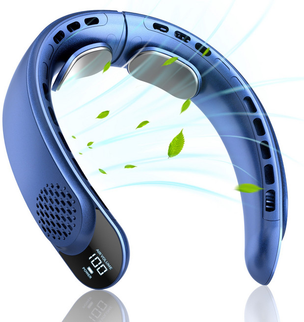 HUID 충전식 넥팬 아이스쿨 미니 USB 대용량 디지털 표시 무날개 목 선풍기, 블루, S8