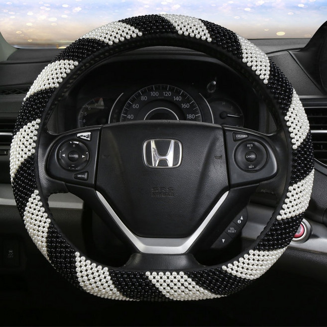 D타입 순수 핸드메이드 사계절 공용형 미끄럼 방지 땀흡수 자동차 여름구슬 핸들커버, D흑백사선진주, 하나