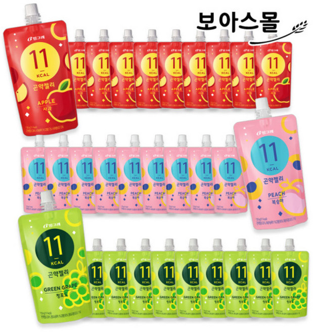 [보아스몰] 빙그레 곤약젤리 130g 청포도 10개 + 복숭아 10개 + 사과 10개(총 30개), 30개