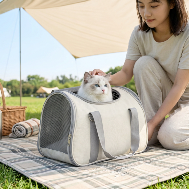 반려동물 이동가방 [전체 통세탁] 가볍고 숨쉬는 초경량 애견 크로스 숄더백 고양이 외출장 (감성 아이보리), 1개, 베이지색