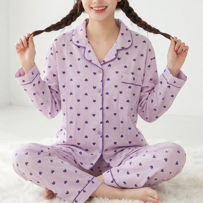 바이로이 여성 봄 여름 가을 소프트 홈웨어 긴팔 잠옷 상하의 세트