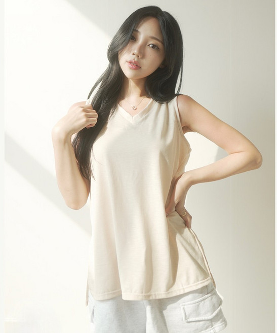 박스비 여성 무지 브이넥 반팔티 민소매 레이어드 티셔츠