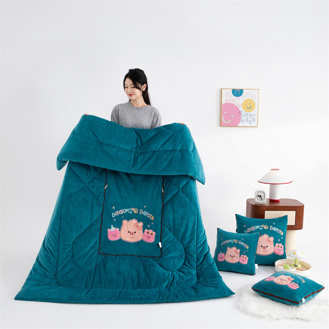 Loopy 抱枕被 兩用摺疊珊瑚絨毯, 加絨加厚露比Loopy-賓利藍