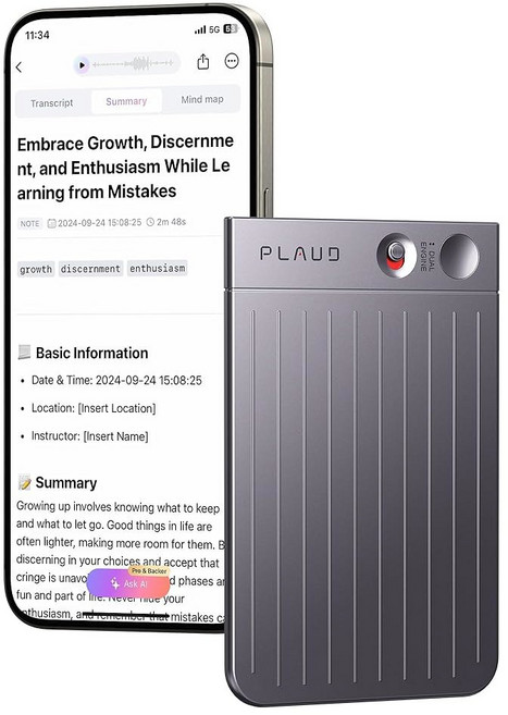 AI 음성 녹음기 케이스 포함 PLAUD 노트 앱 제어 기술로 전사 및 요약 112개 언어 지원 64GB 메모리 강의 회의 통화용 오디오 블랙, Black