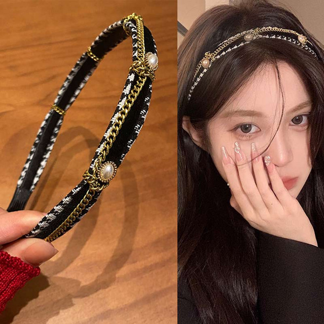 워더미 고급 우아 체인 럭셔리 트위드 진주 레이어드 헤어밴드 CHF482