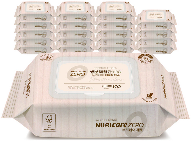 누리케어 플라스틱ZERO원단 생분해 아기물티슈 레이온100% 대용량 도톰한, 40g, 102매, 30개