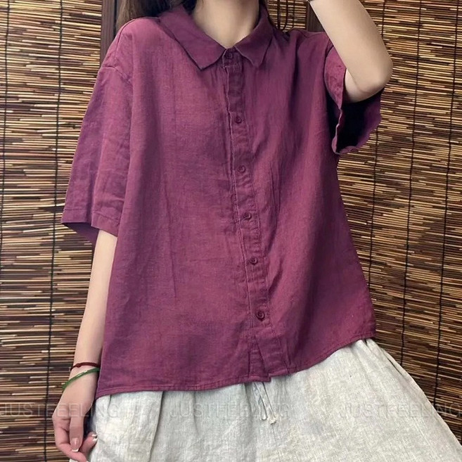 면 마 셔츠 얇은 여름 캐주얼 솔리드 루즈핏 반팔 상의 린넨셔츠 소프트 시원한 여성반팔셔츠 JUSTFEELING