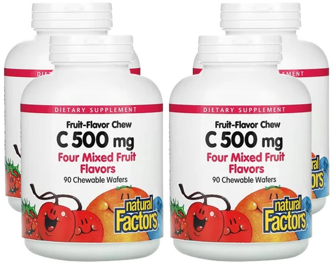 네추럴팩터스 과일 맛 츄 비타민C 4가지 혼합 과일 맛 500mg 츄어블 웨이퍼 90 개, 4팩, 90정 - 쿠팡