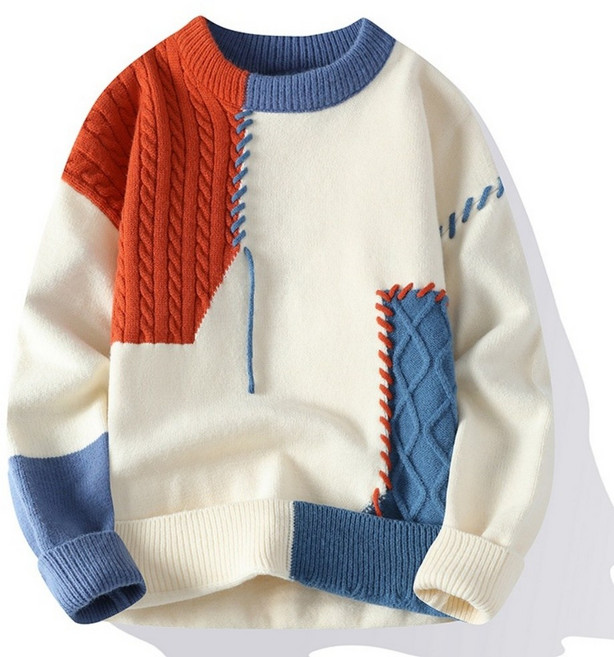 POMTOR 남성 유행 루즈핏 부드러운 라운드넥 스웨터 긴팔 니트 패치워크 맨투맨