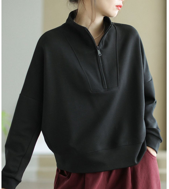 용태원 여성 반폴라 반집업 맨투맨 풀오버 캐주얼 긴팔 상의 루즈핏 빅사이즈 아우터 Y008-168