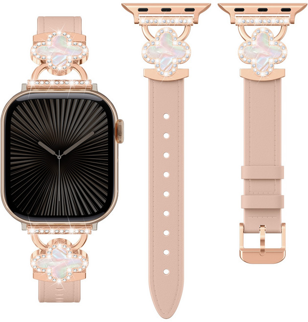애플워치 호환 네잎 클로버 큐빅 슬림 가죽 스트랩 11 10 9 8 3 SE2/3 울트라2 3 밴드, 인디핑크/로즈골드