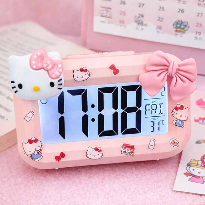 헬로키티 귀여운 캐릭터 LED 디지털 탁상시계, 핑크