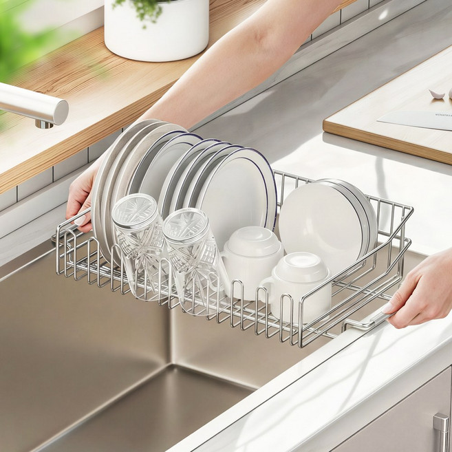 하우스글란츠 연마제없는 304올스텐 길이조절 식기건조대 씽크대형, 1개, 와이드 A형, 1단