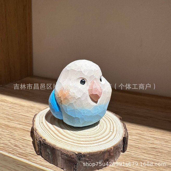 木雕小胖鳥擺件工藝品, 湖藍色2號