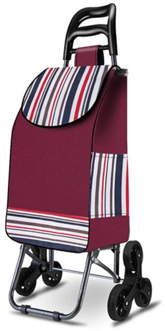 계단오르는 세발 접이식 쇼핑 카트 시장 바구니, (고무휠)와인 스트라이프, 1개