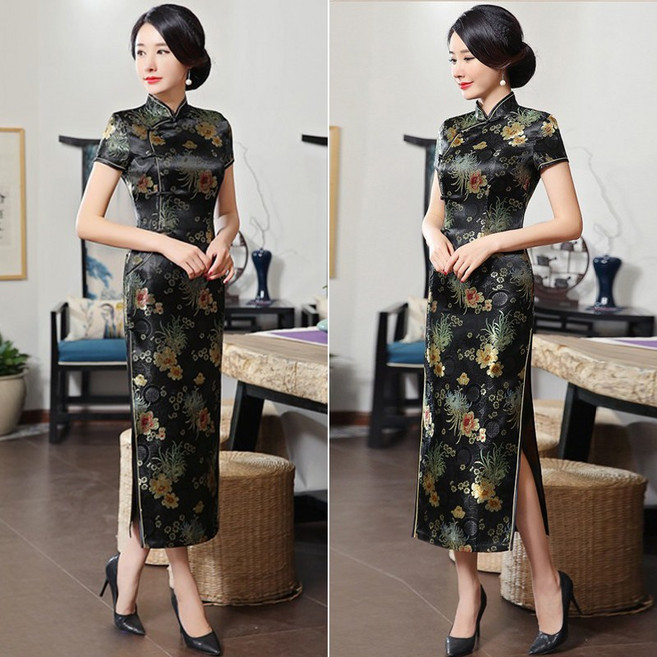 水水女人國 氣質L形復古中國風長旗袍 主題趴婚禮喜宴演出服, 黑色