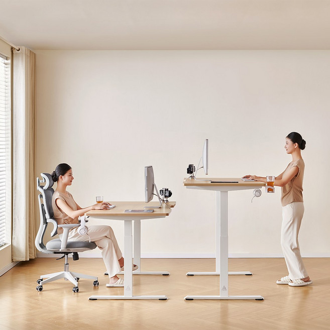 아우스 GE01 25mm상판 두께 고강도 듀얼모터 전동 모션데스크 컴퓨터 책상, 내추럴 상판+화이트 프레임