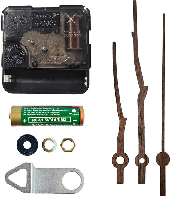 무소음 시계 무브먼트 14mm+나무 시계바늘 01+건전지+너트+와셔+고무패드 세트 탁상용 벽시계 시계 수리 만들기 DIY 부품 모터 부속 키트