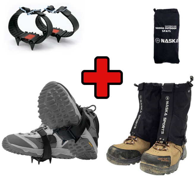 에이스샵_겨울 등산 아이젠+스패츠 1세트 / 남여공용 등산용 산행 각반 미끄럼방지, 원밴드아이젠4P(파우치증정), 숏스패츠(오렌지+파우치증정)