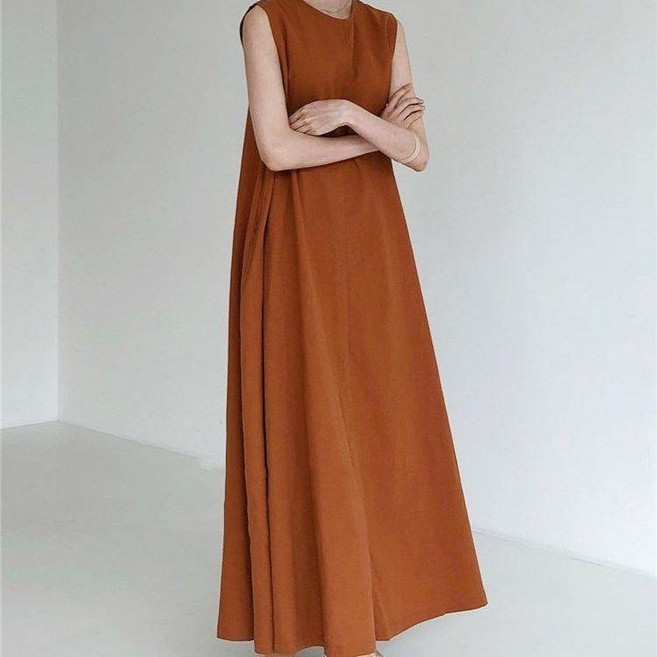 大碼棉麻長裙 圓領無袖寬鬆顯瘦背心連衣裙, 西田-棕紅,均碼-裙長130 身高165以上, 棕紅