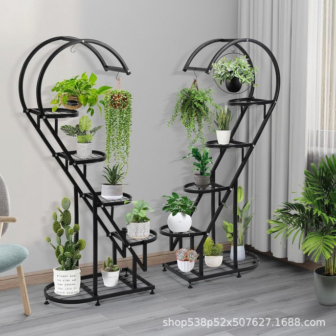 5層心形金屬植物架 落地花架 花盆架, 黑色（兩個）