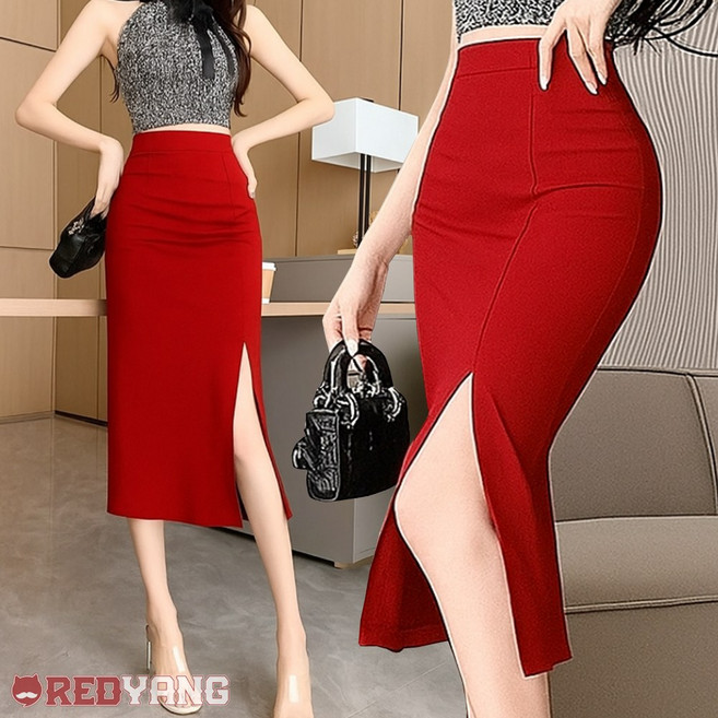 [ 하이걸스 ] 히트 텐션 롱 스판 트임 스커트 레드양 슬림 밴딩 섹시