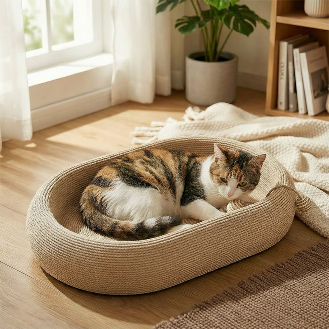 캣박스 침대 소파 평판형 삼줄 천연소재 스크래쳐 스크래처, 1개, 베이지