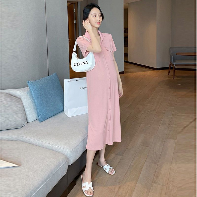 메인워크 임산부 반팔 원피스 여름 캐주얼 프렌치 기질 패션 카라넥 냉장고 슬림핏 스판 미디 임부복 고급 쿨링 롱 스커트