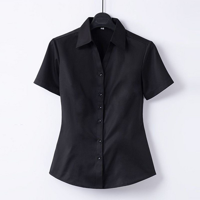 여성용 빅 사이즈 브이넥 면접 유니폼 남방 심플 슬림핏 블라우스 반팔셔츠 뉴타임즈 02CW2502
