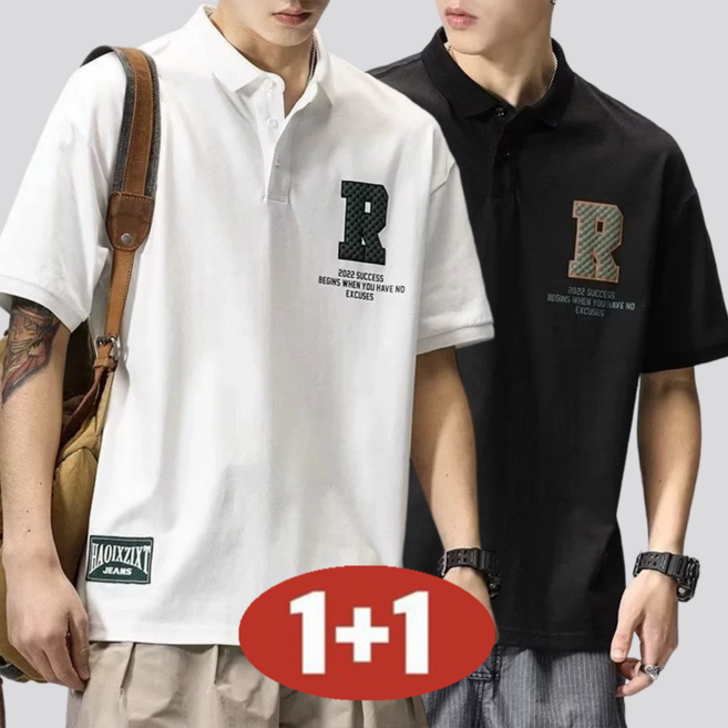 남성용 여름 빅사이즈 1+1 초특가 루즈핏 영어 자수 단추 칼라넥 반팔 티셔츠