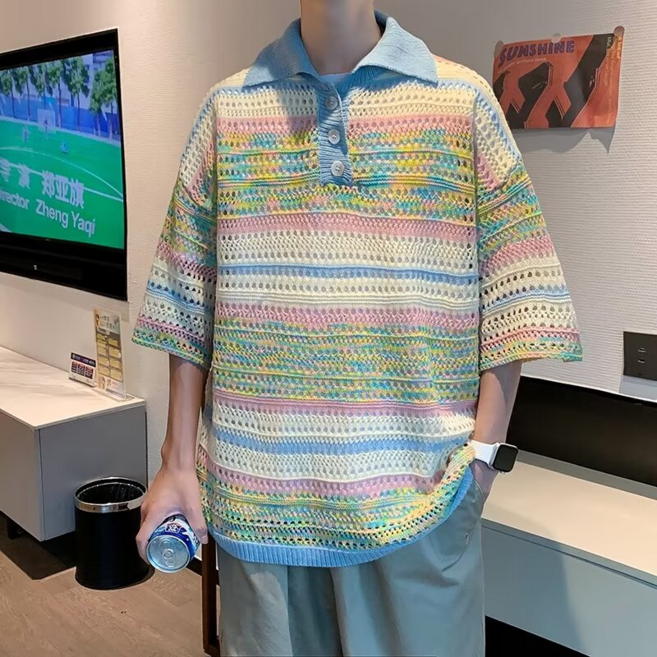 翻領針織條紋短袖POLO衫，休閒百搭上衣