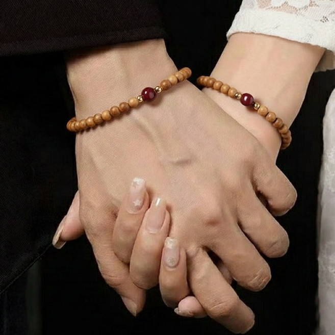 연등보석 1+1 천연 복숭아나무 단주 빨간 염주 커플 팔찌 세트 경면주사 액막이 재물 선물