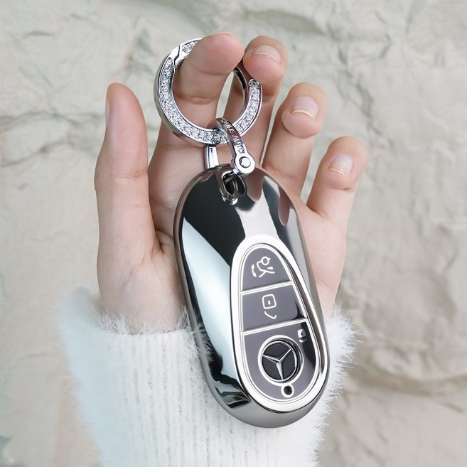 MODACE 2022~2024 벤츠 신형 자동차 스마트키 케이스 TPU Benz 키홀더+가죽 메탈 키링, 실버 블랙, 규빅O링