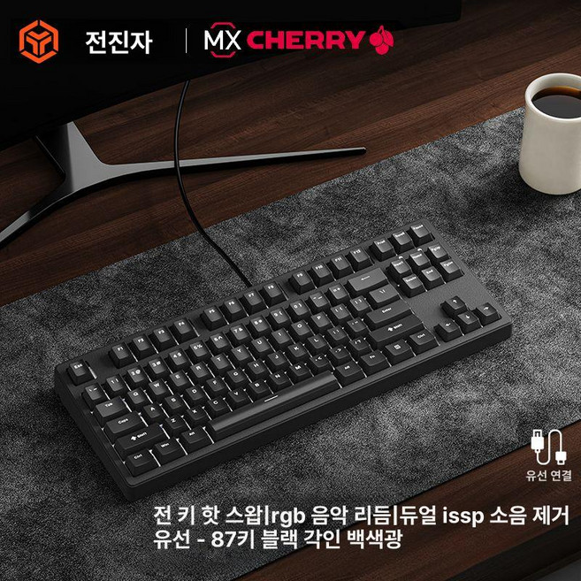 RICCKS RS8키보드 텐키리스 치즈축 정각키캡, 체리 MX RGB [레드 스위치 - 핫스왑], 블랙 87키 화이트 라이트 앞면 유선, 적축