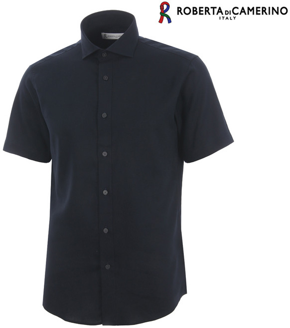 남성용 린넨혼방 다크 네이비 솔리드 일반핏 반소매 셔츠 RO2-211-9