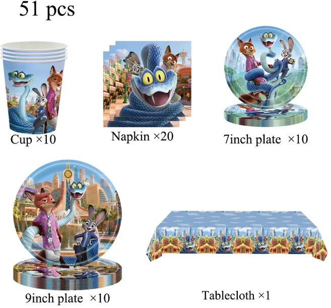주토피아 닉과 주디 파티 장식 일회용 식기 세트 테이블보 배너 케이크 토퍼 풍선 생일 용품, 14 51pcs