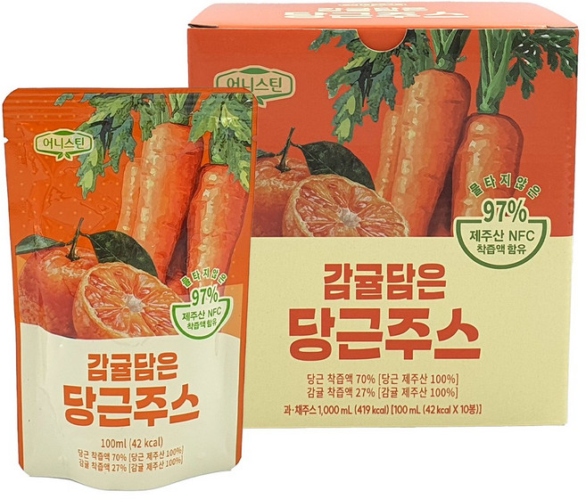 어니스틴 감귤 담은 당근 주스 착즙 주스 제주산 NFC주스 당근 주스 감귤 주스 어린이주스 학교간식 어린이집 간식 교회간식, 10개, 100ml