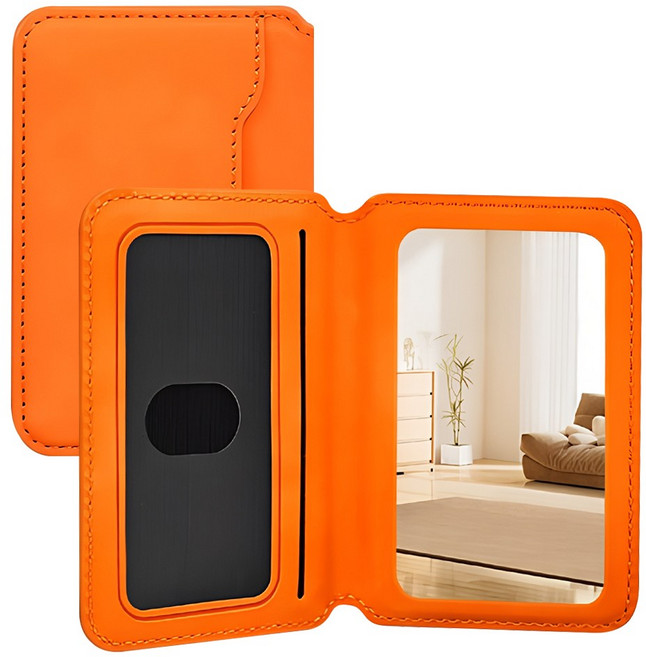 더조은셀러 맥세이프 가죽 카드 2장 수납 접이식 스탠드 거치 슬림 거울 미러 지갑, 1개, 에너지오렌지