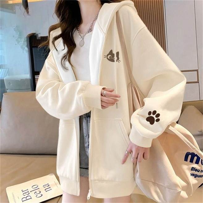 besteffie 여성용 후드 지퍼 자켓 캐주얼 고양이 프린트 기모안감 고퀄리티